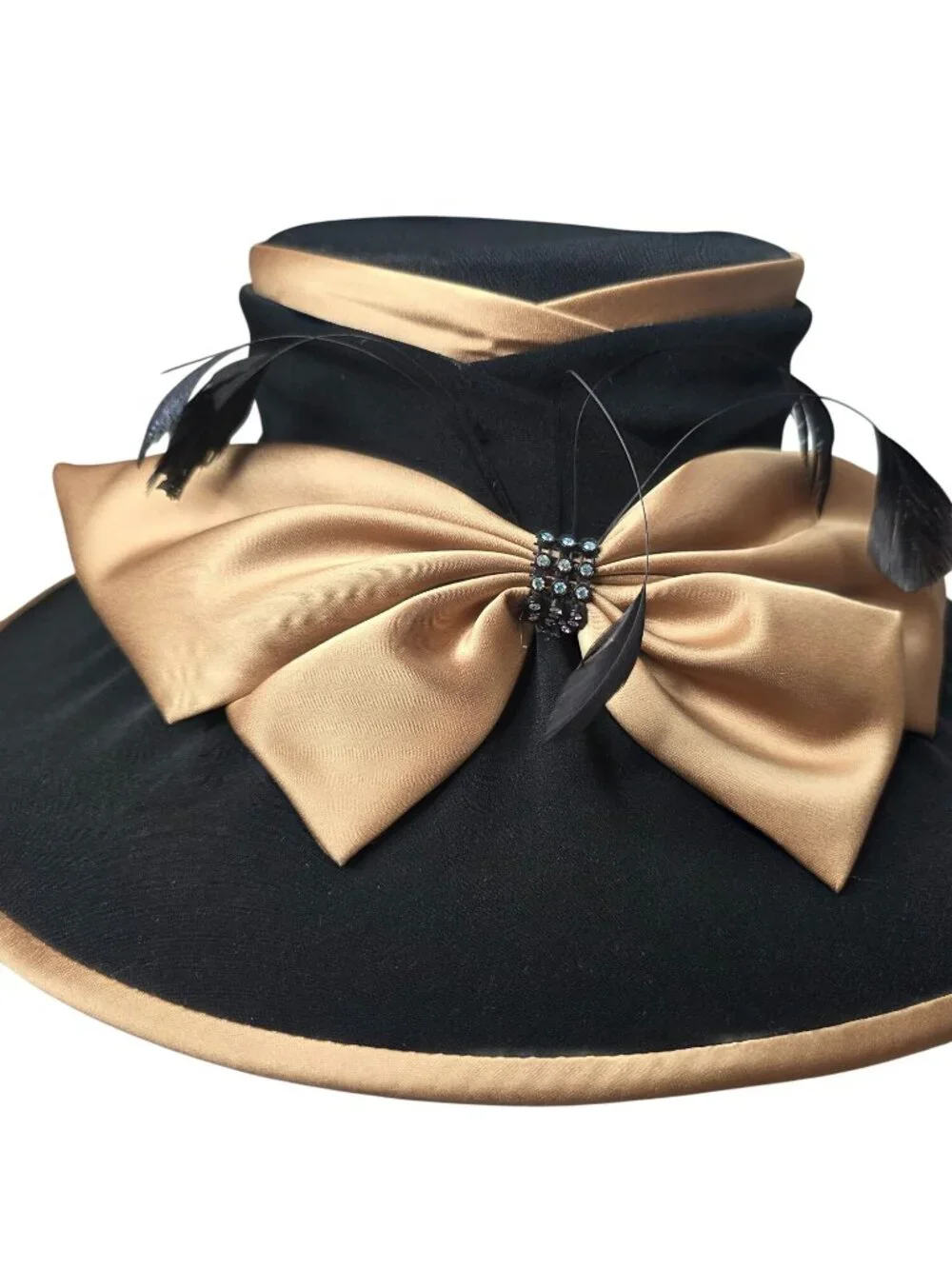 Wide Brim Black & Gold Hat With Satin Bow Feathers & Rhinestone Accent By Clara